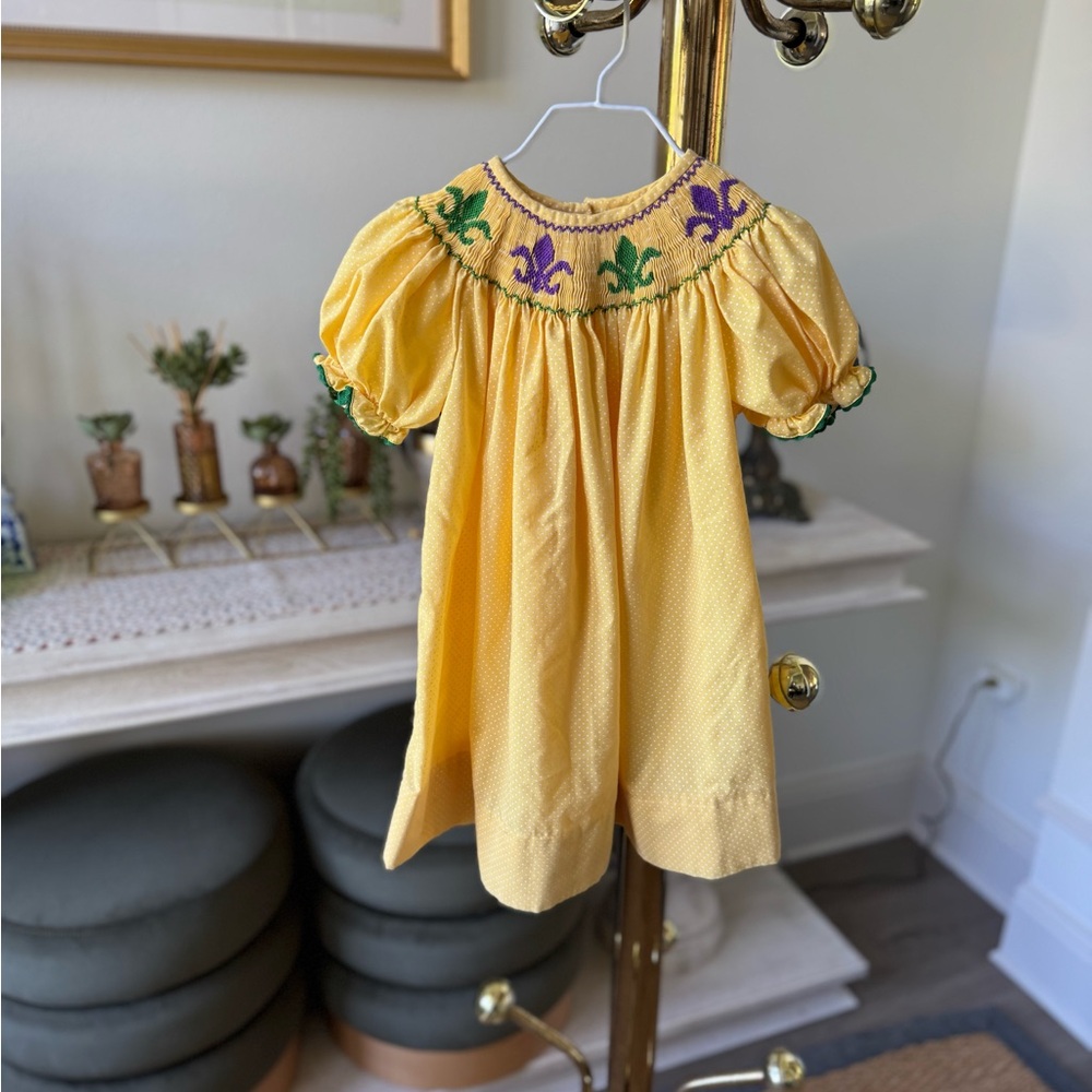 Smocked Fleur de lis Mardi Gras Toddler Dress